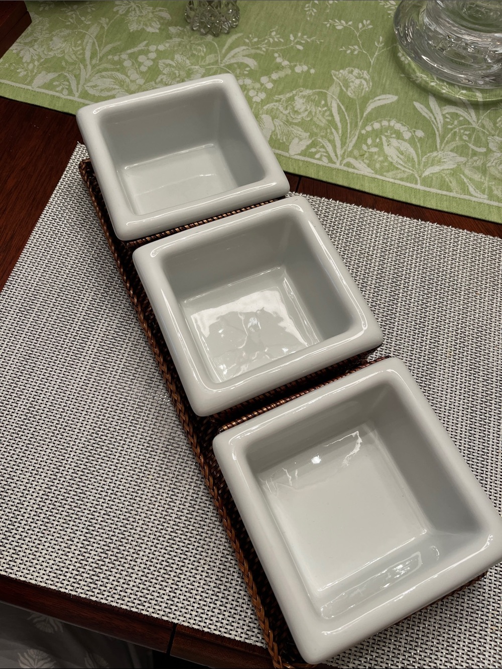 Williams Sonoma White Ceramic Triple Server with Woven Tray